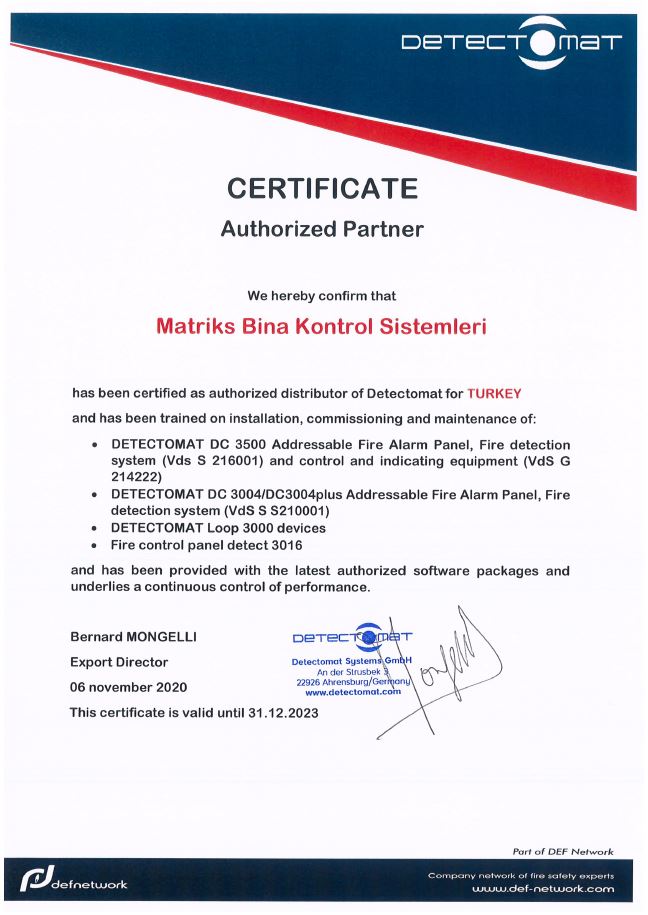 Detectomat Authhorized Certificate